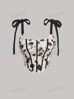 SHEIN Floral Print Tie Shoulder Fish Bone Decoration Cami Top - Negative Apparel