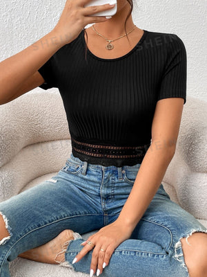 SHEIN Frenchy Contrast Lace Ribbed Knit Crop Tee - Negative Apparel