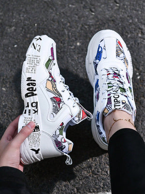 SHEIN Graffiti Graphic Lace-Up Front Women Chunky Sneakers With Design - Negative Apparel