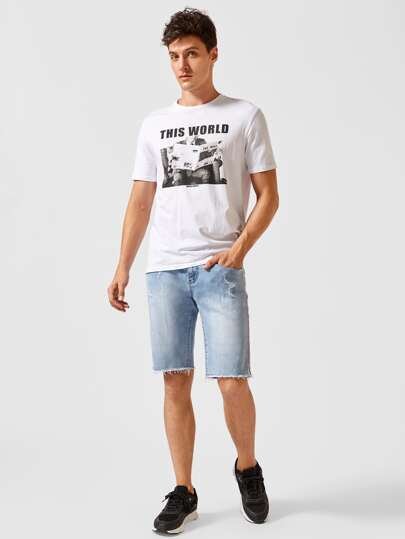 SHEIN Graphic Tee & Denim Shorts Set - Negative Apparel