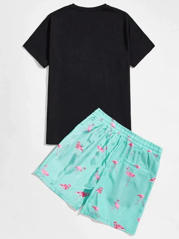 SHEIN Graphic Tee & Printed Shorts Set - Negative Apparel
