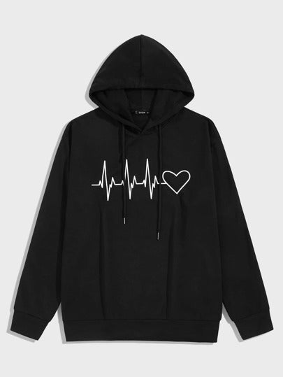 SHEIN Heartbeat Print Loose Drawstring hoodie - Negative Apparel