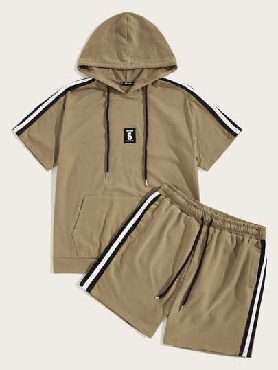 SHEIN Hypemode Men Patched Drawstring Hooded Tee & Track Shorts - Negative Apparel