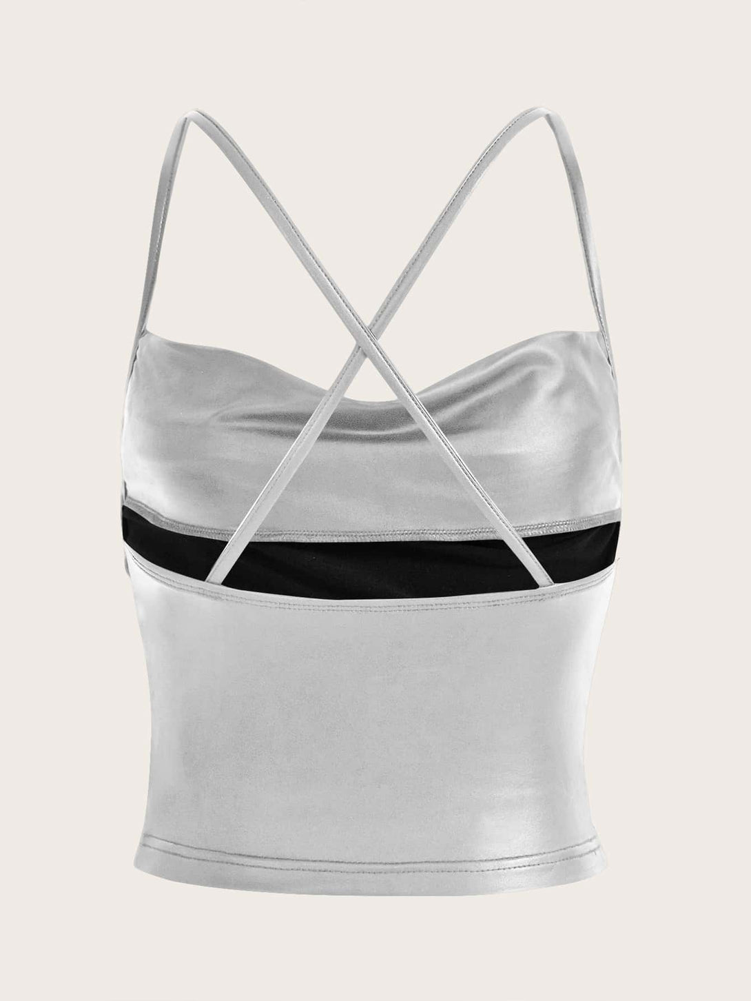 SHEIN ICON Metallic Draped Collar Crisscross Backless Ruched PU Leather Cami Top - Negative Apparel