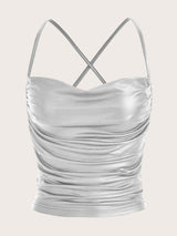 SHEIN ICON Metallic Draped Collar Crisscross Backless Ruched PU Leather Cami Top - Negative Apparel