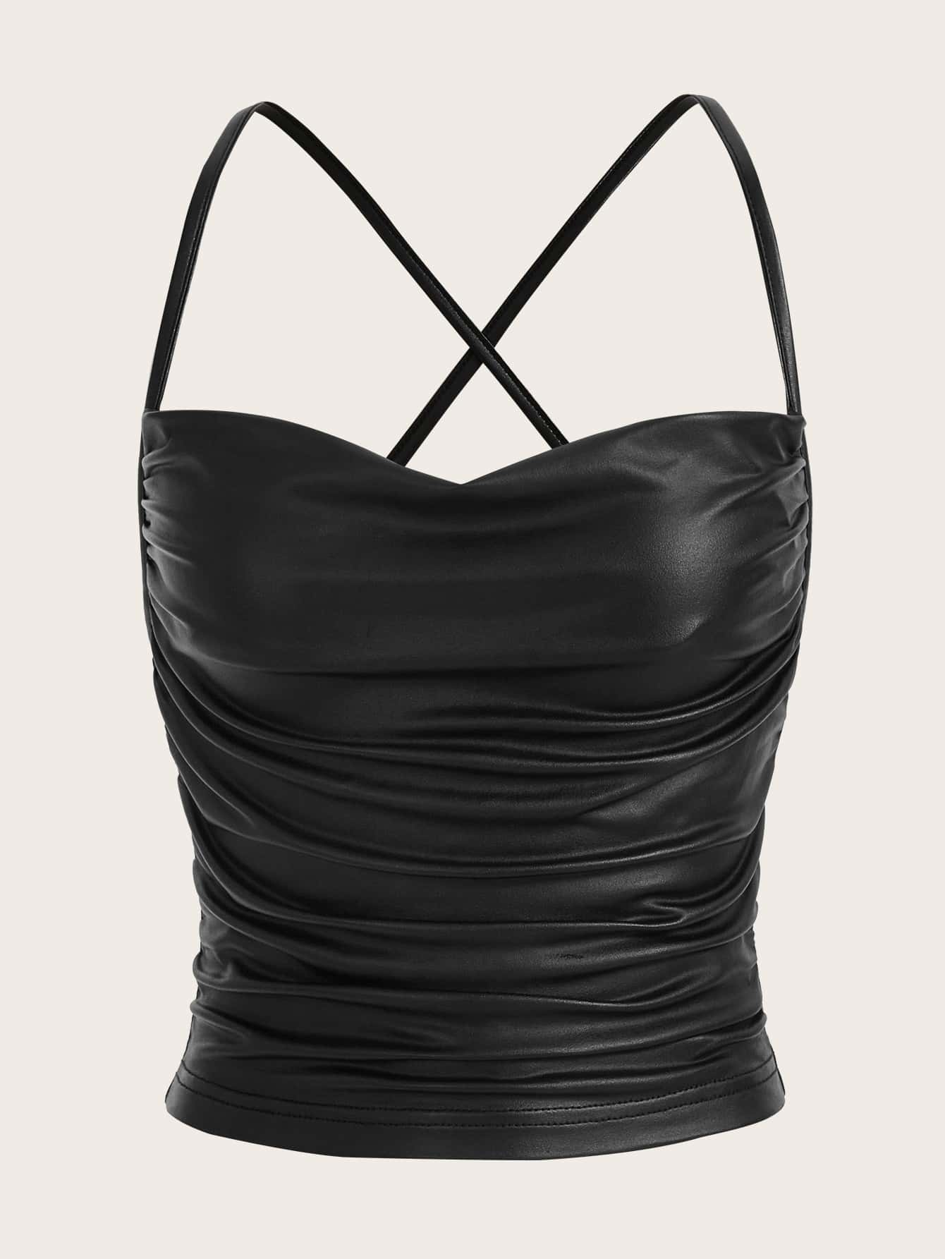 SHEIN ICON Metallic Draped Collar Crisscross Backless Ruched PU Leather Cami Top - Negative Apparel
