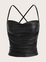 SHEIN ICON Metallic Draped Collar Crisscross Backless Ruched PU Leather Cami Top - Negative Apparel