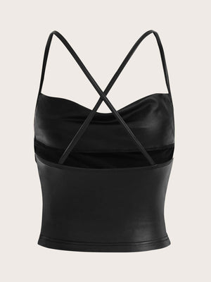 SHEIN ICON Metallic Draped Collar Crisscross Backless Ruched PU Leather Cami Top - Negative Apparel