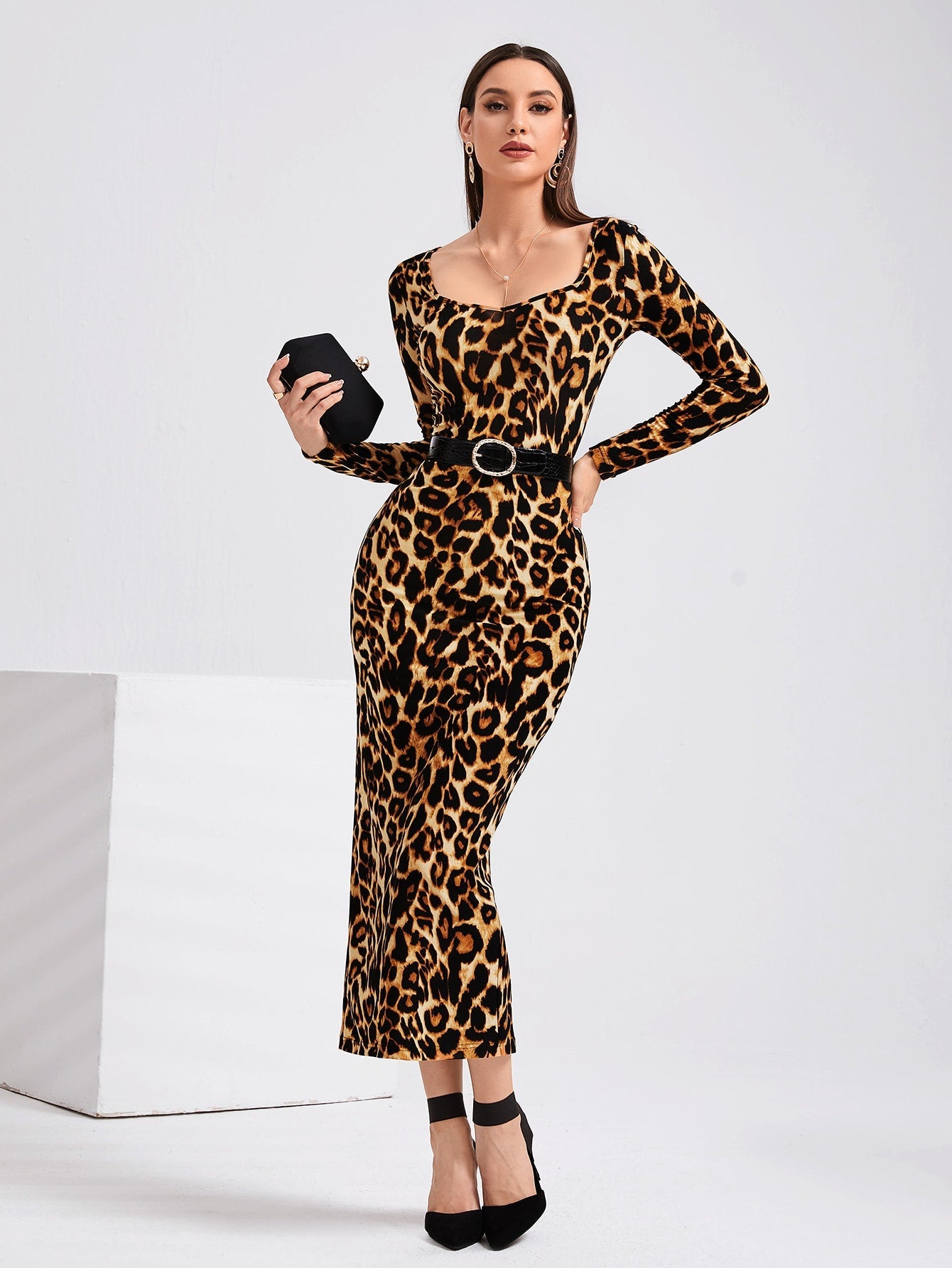 SHEIN Leopard Print Split Back Dress Without Belt - Negative Apparel