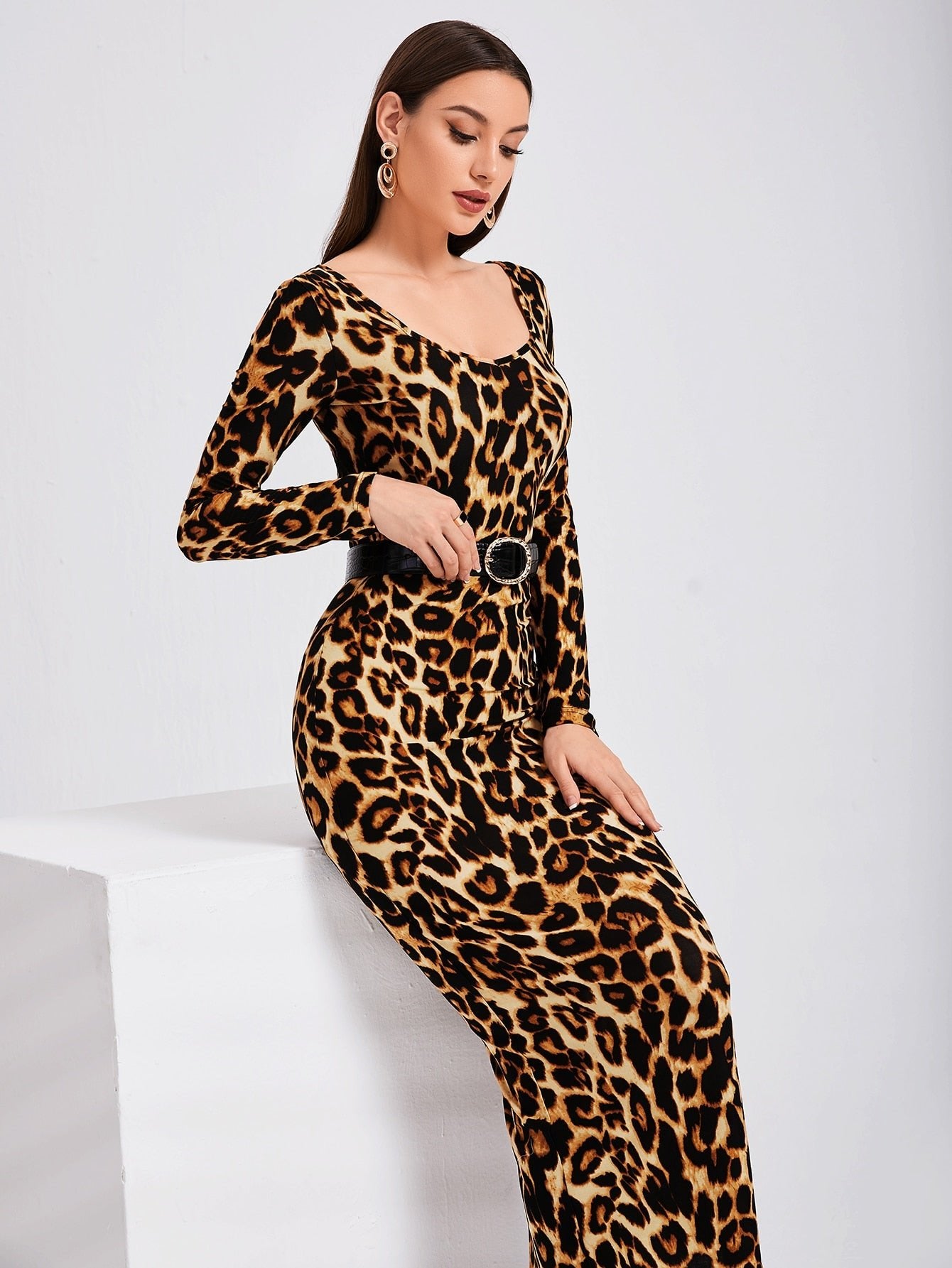 SHEIN Leopard Print Split Back Dress Without Belt - Negative Apparel