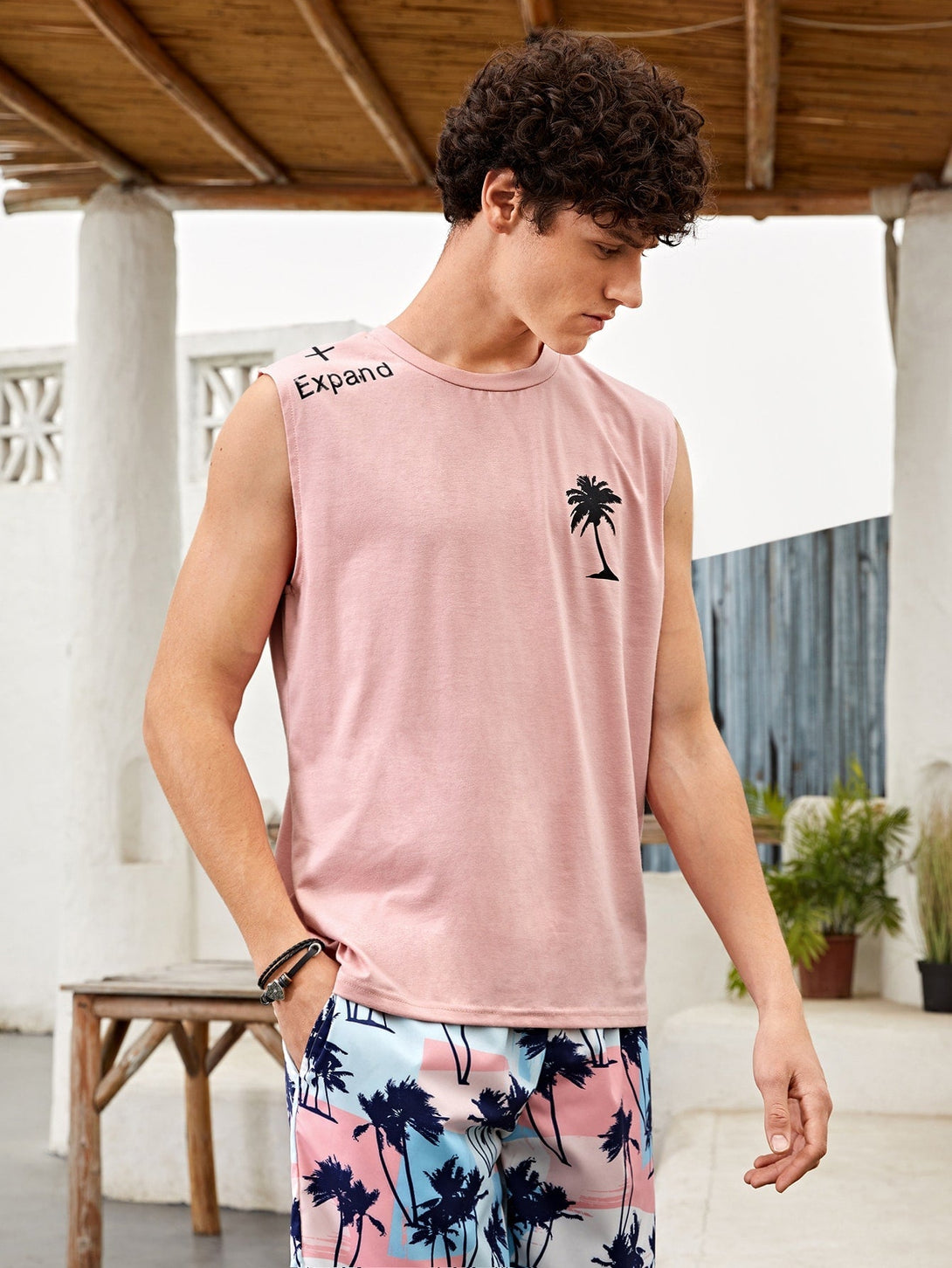SHEIN Letter And Tropical Print Tank Top - Negative Apparel