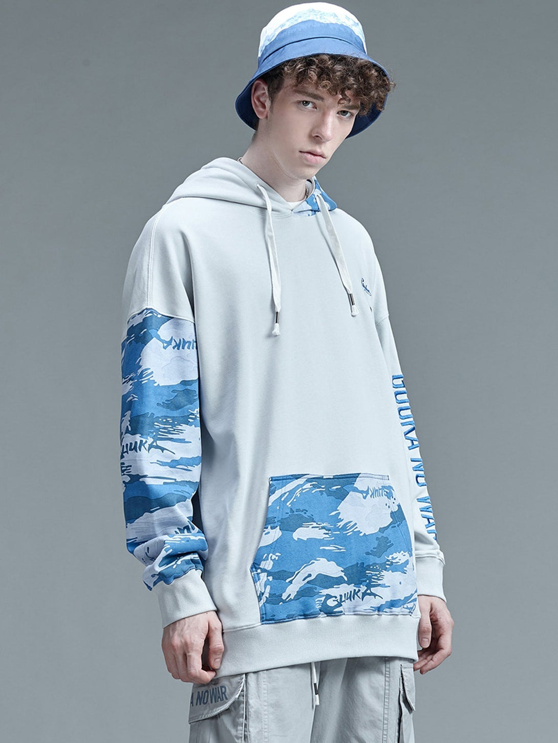 SHEIN Letter & Graphic Print Kangaroo Pocket Drawstring Hoodie - Negative Apparel