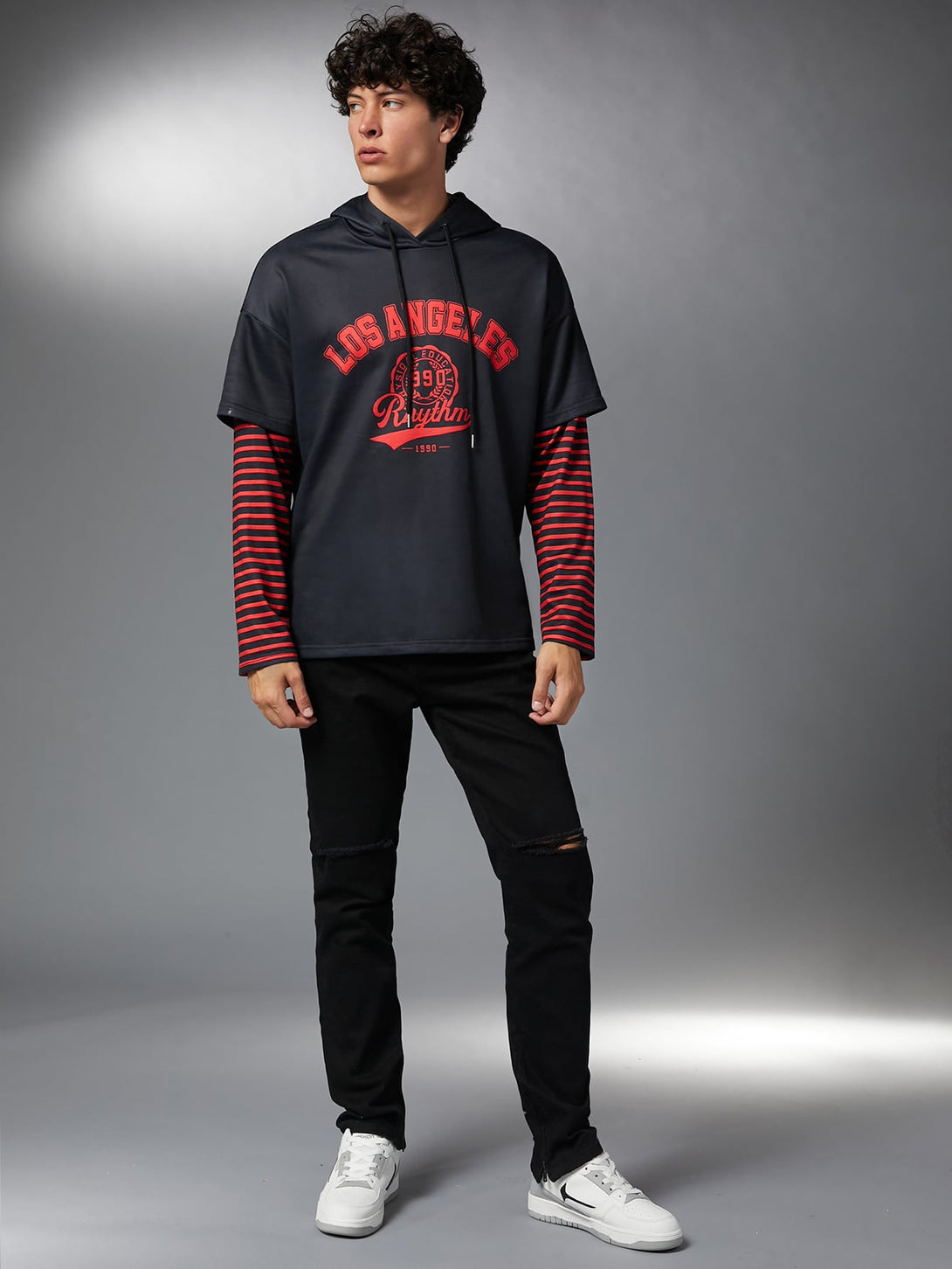 SHEIN Letter Graphic Striped Drawstring 2 In 1 Hoodie - Negative Apparel