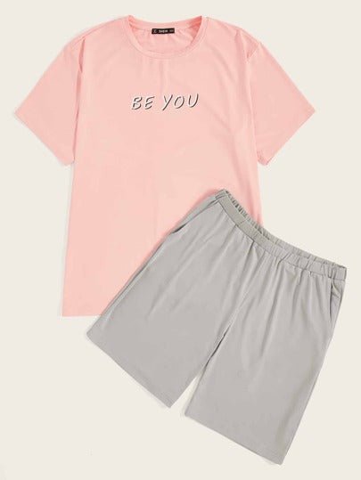 SHEIN Letter Graphic Top & Drawstring Shorts Set - Negative Apparel