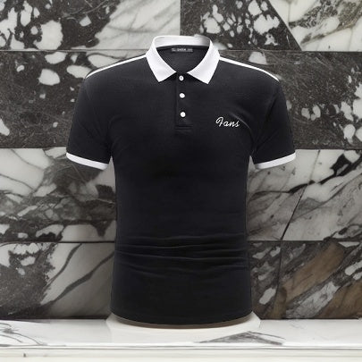 SHEIN Letter Print White Collar Black Polo Shirt - Negative Apparel