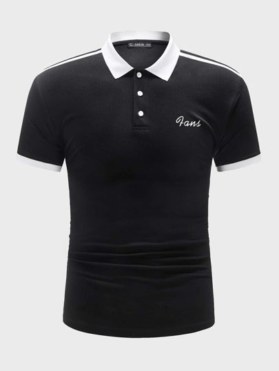 SHEIN Letter Print White Collar Black Polo Shirt - Negative Apparel