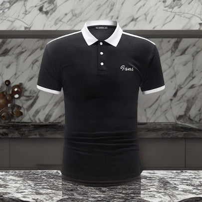 SHEIN Letter Print White Collar Black Polo Shirt - Negative Apparel