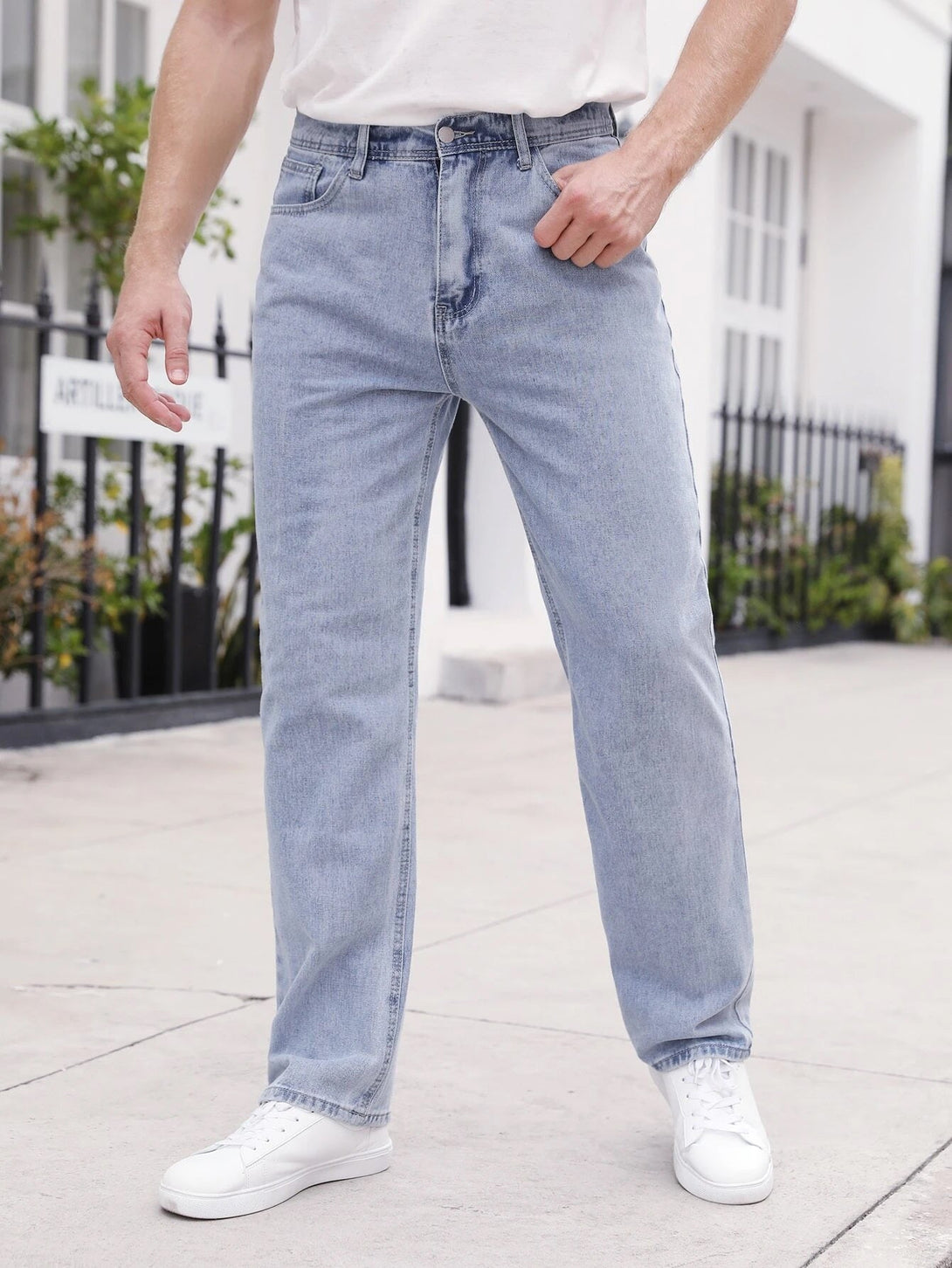 SHEIN Light Wash Slant Pocket Straight Fit Jeans - Negative Apparel