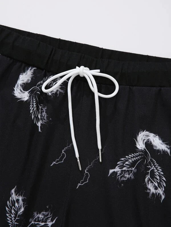 SHEIN Men Random Animal Print Tee & Drawstring Waist Shorts - Negative Apparel