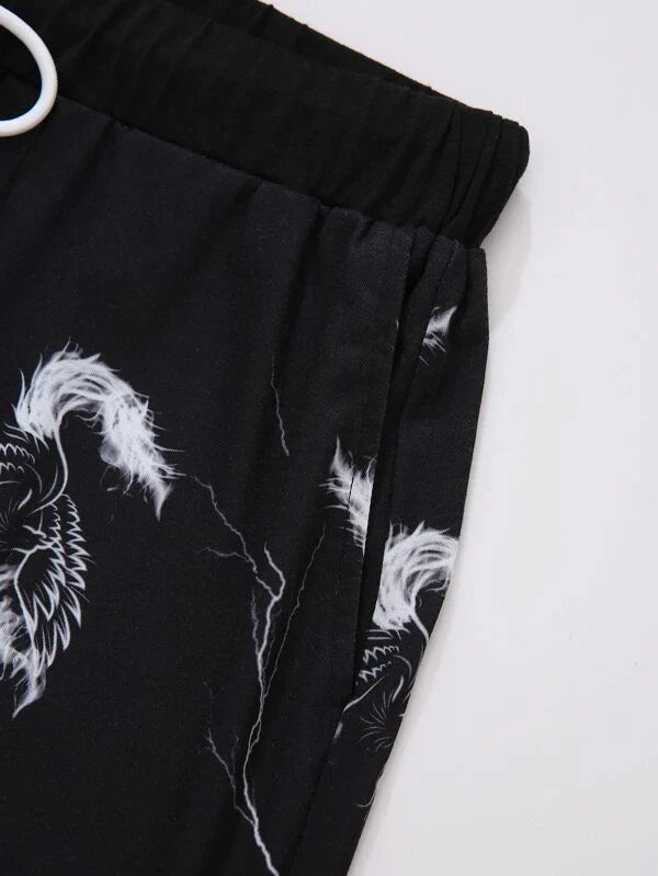SHEIN Men Random Animal Print Tee & Drawstring Waist Shorts - Negative Apparel