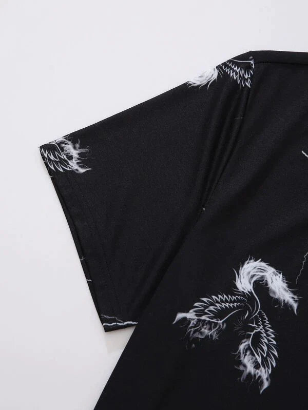 SHEIN Men Random Animal Print Tee & Drawstring Waist Shorts - Negative Apparel