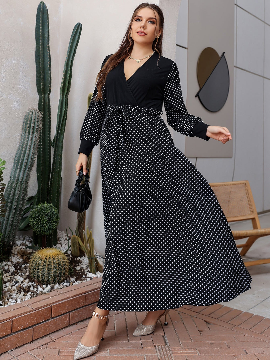 SHEIN Modely Plus Polka Dot Print Surplice Neck Belted Dress - Negative Apparel