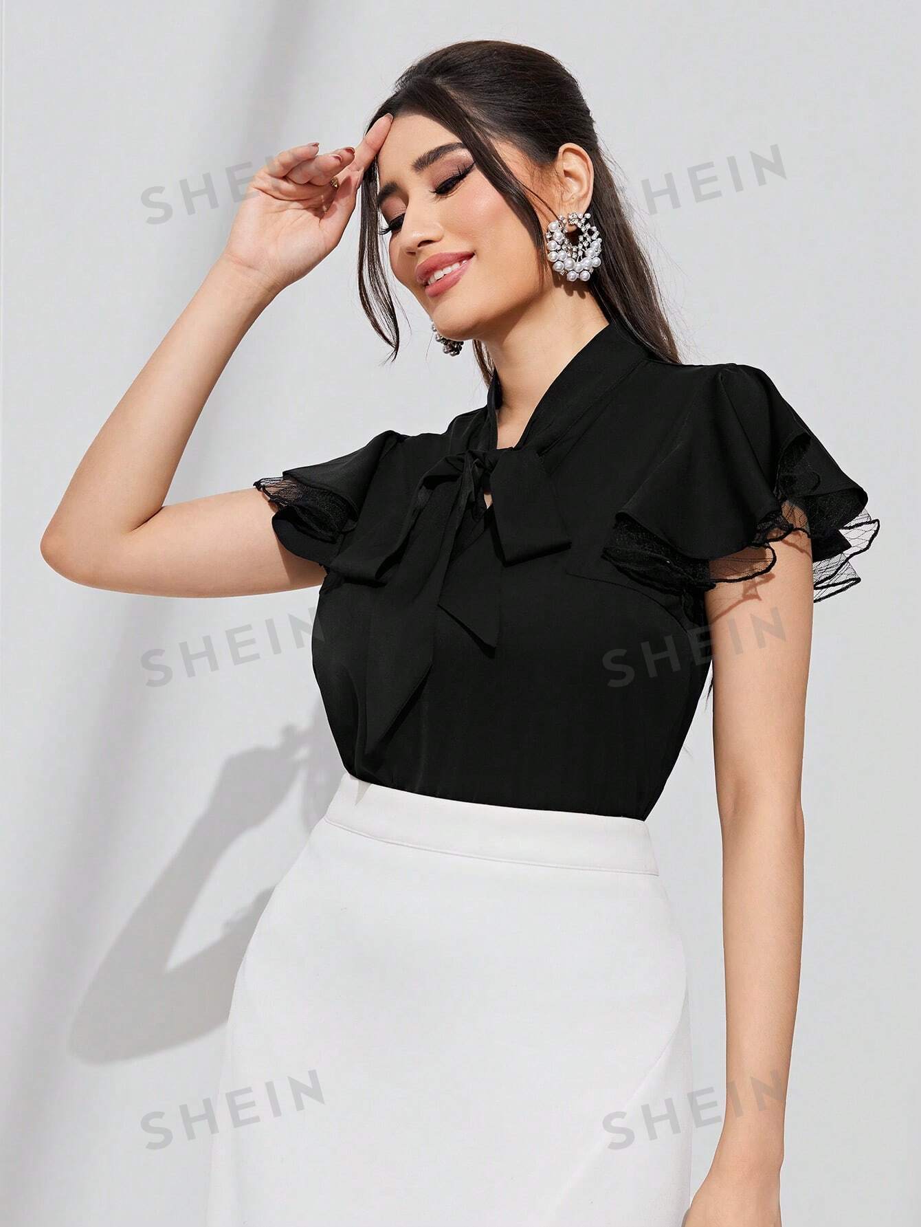 SHEIN Modely Tie Neck Contrast Mesh Flounce Sleeve Summer Blouse - Negative Apparel