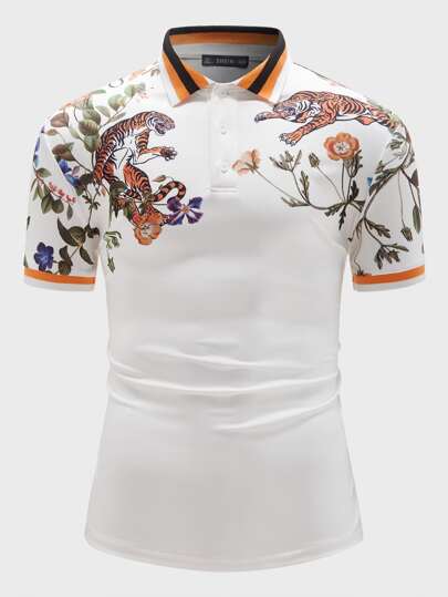 SHEIN Multi Color Floral Print Polo Shirts - Negative Apparel
