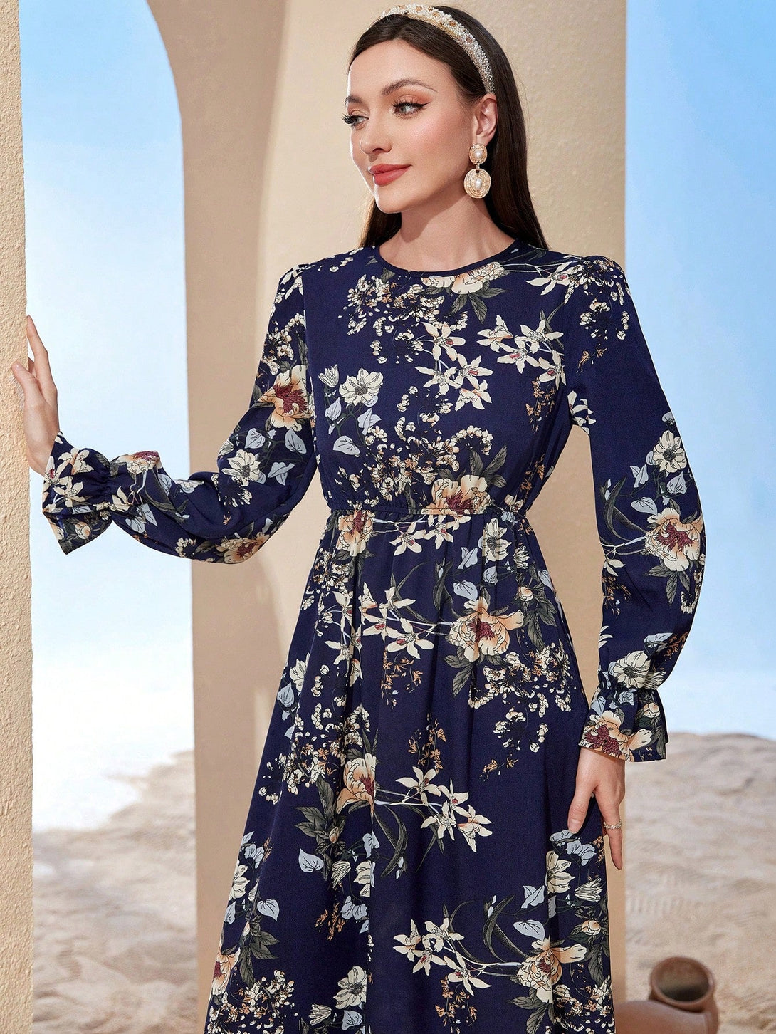 SHEIN Mulvari Floral Print Flare Sleeve Dress - Negative Apparel
