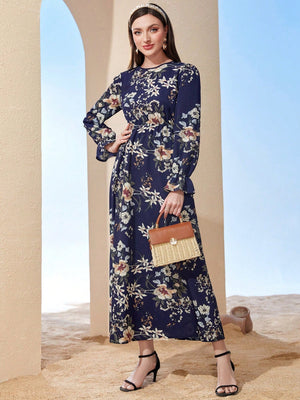 SHEIN Mulvari Floral Print Flare Sleeve Dress - Negative Apparel
