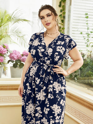 SHEIN Mulvari Plus Floral Print Butterfly Sleeve Belted Maxi Dress - Negative Apparel