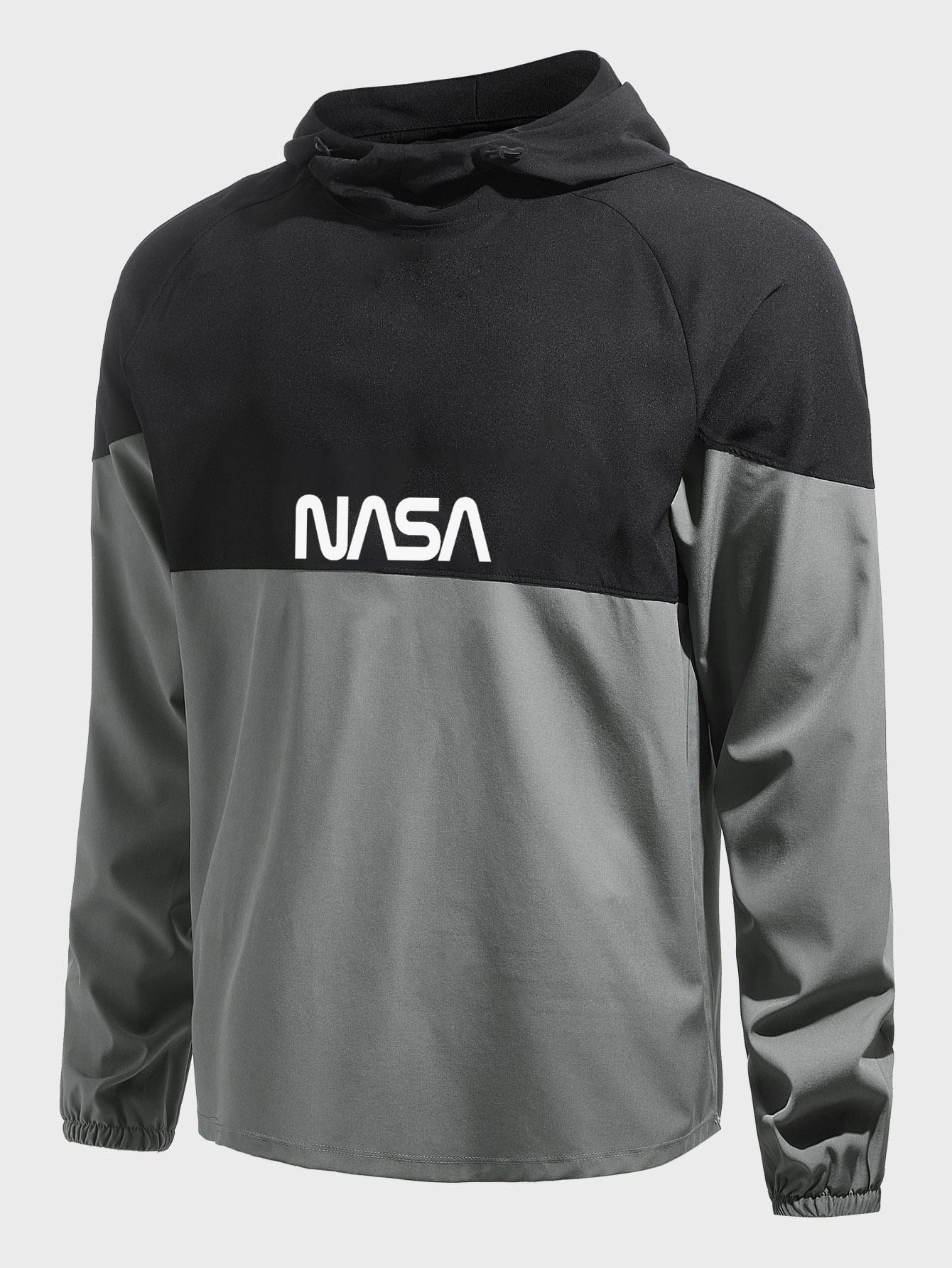 SHEIN NASA Two-Tone Graphic Drawstring Hoodie with Raglan Sleeves - Negative Apparel