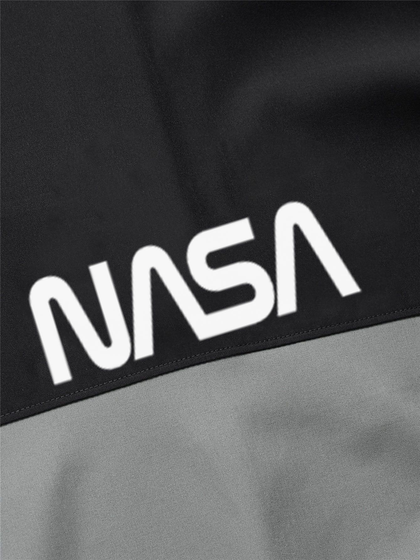 SHEIN NASA Two-Tone Graphic Drawstring Hoodie with Raglan Sleeves - Negative Apparel