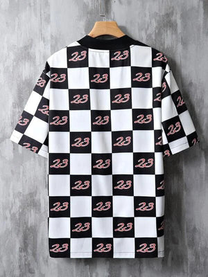 SHEIN Number & Check Print Baseball Collar Shirt - Negative Apparel