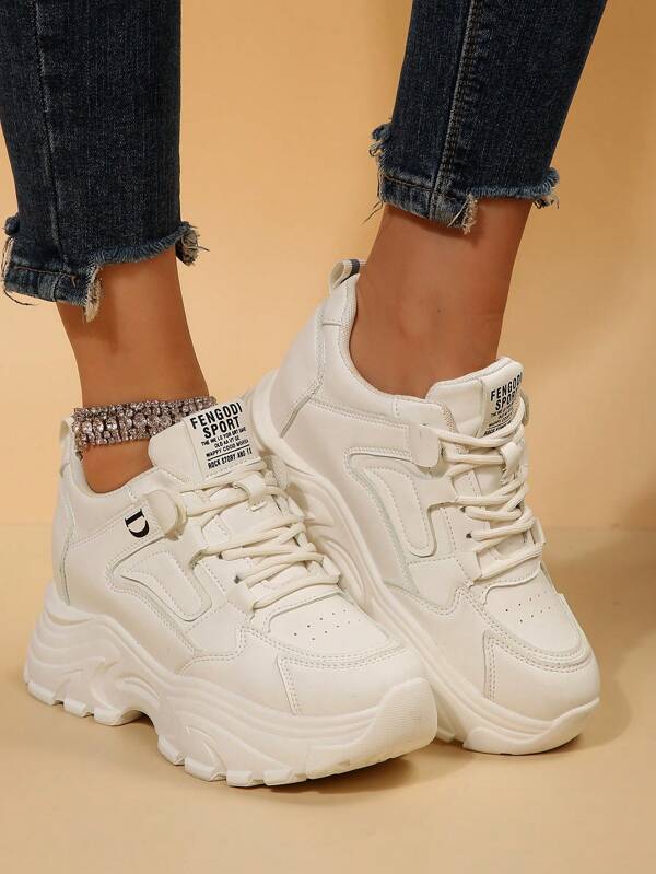 SHEIN Platform Sneakers With Wedge Heels, Thick Soles And Letter Print Shoelaces - Negative Apparel