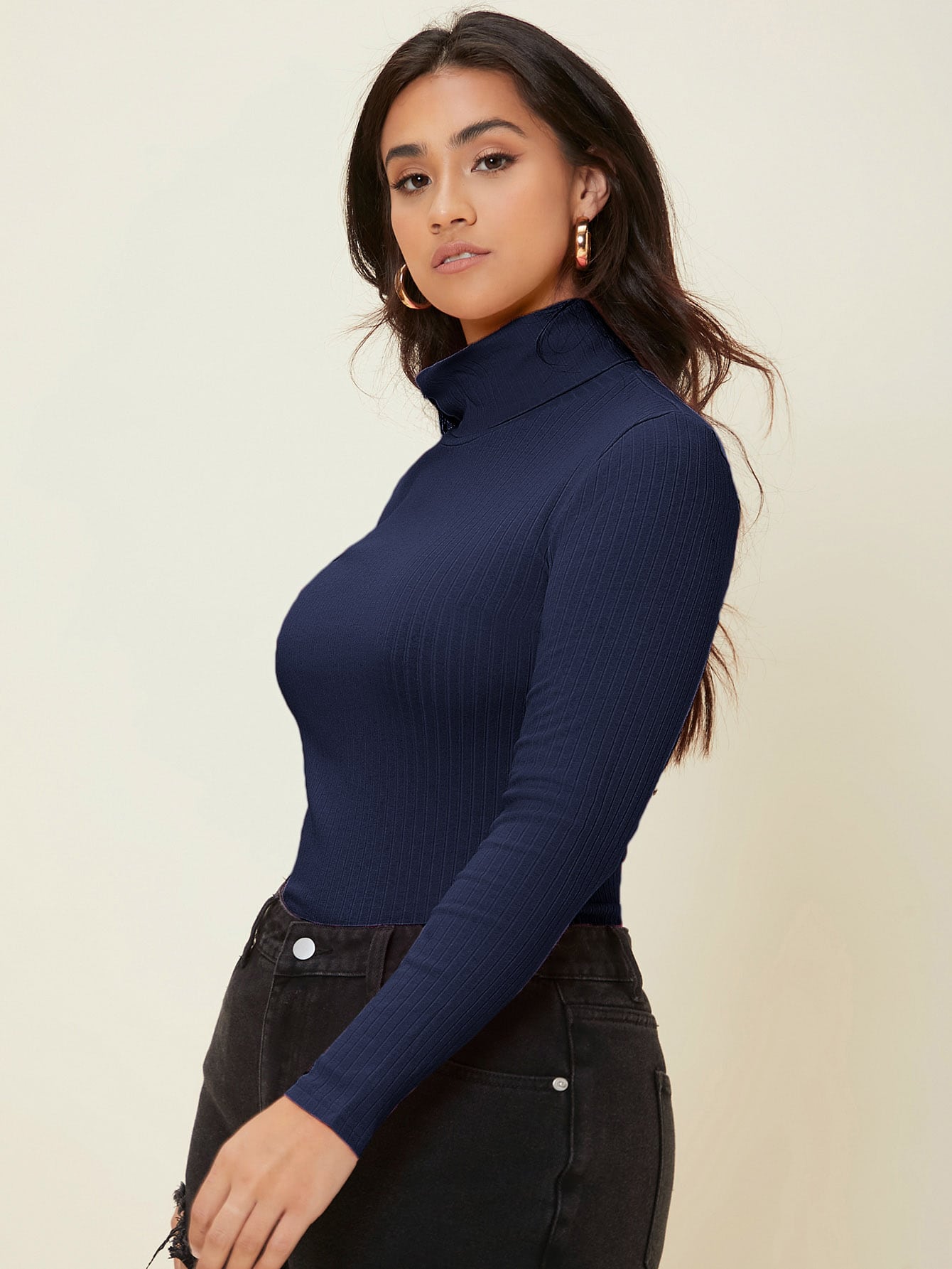 SHEIN Plus Cotton Ribbed Knit Turtleneck Tee - Negative Apparel