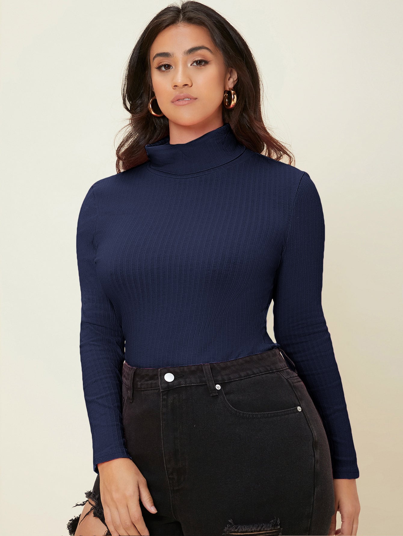 SHEIN Plus Cotton Ribbed Knit Turtleneck Tee - Negative Apparel