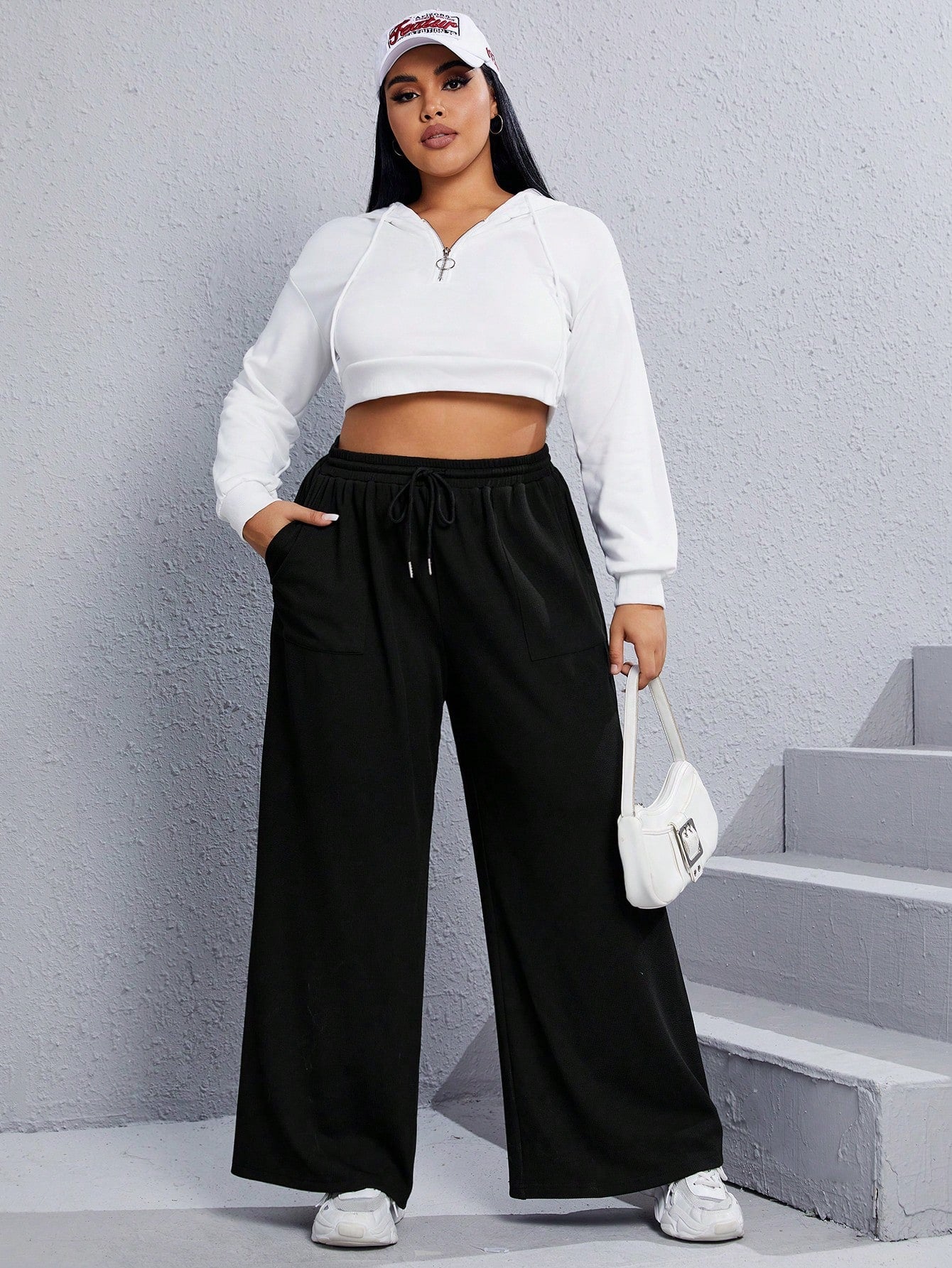 SHEIN Plus Drawstring Waist Wide Leg Pants - Negative Apparel