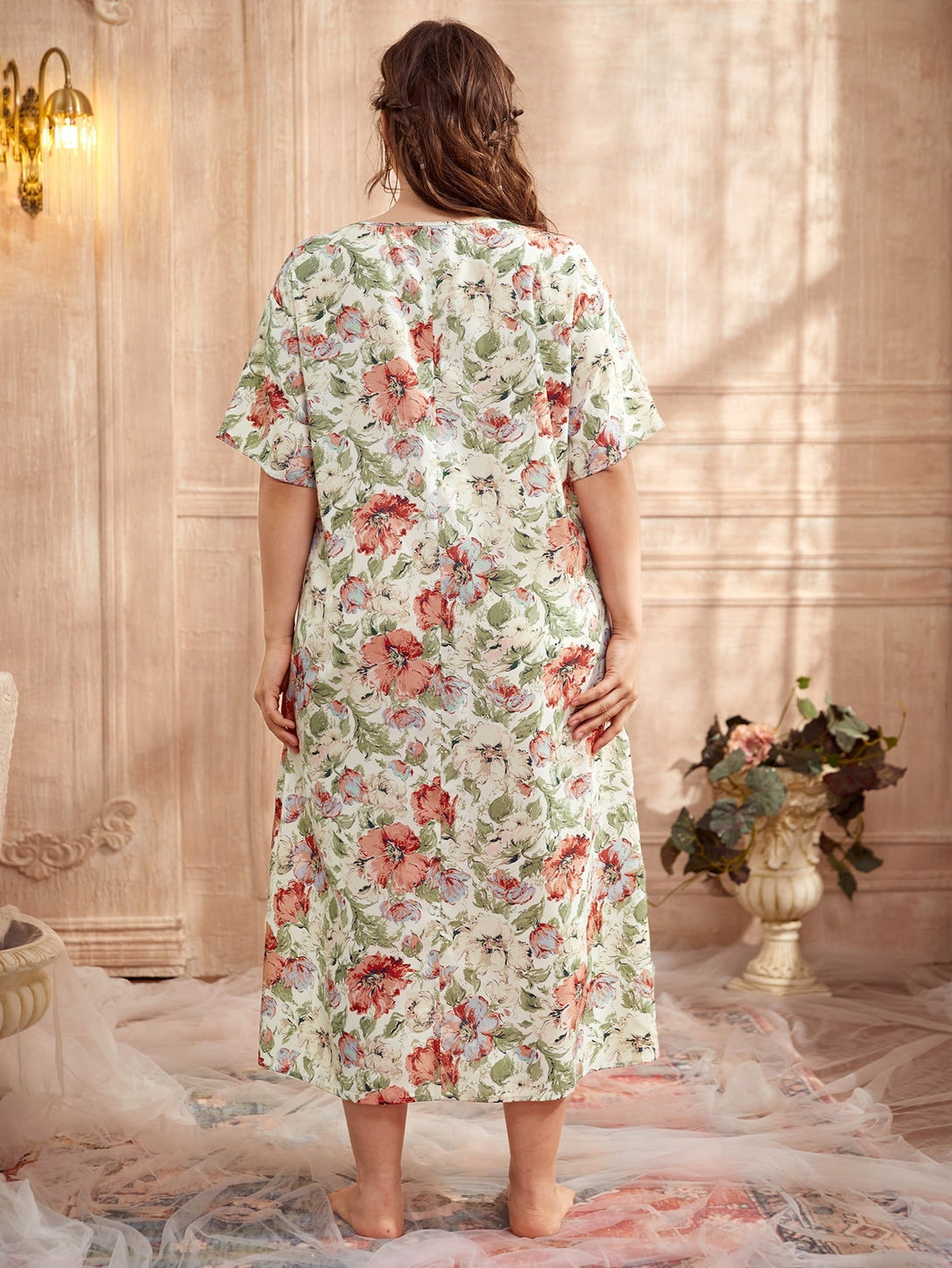 SHEIN Plus Drop Shoulder Floral Print Nightdress - Negative Apparel