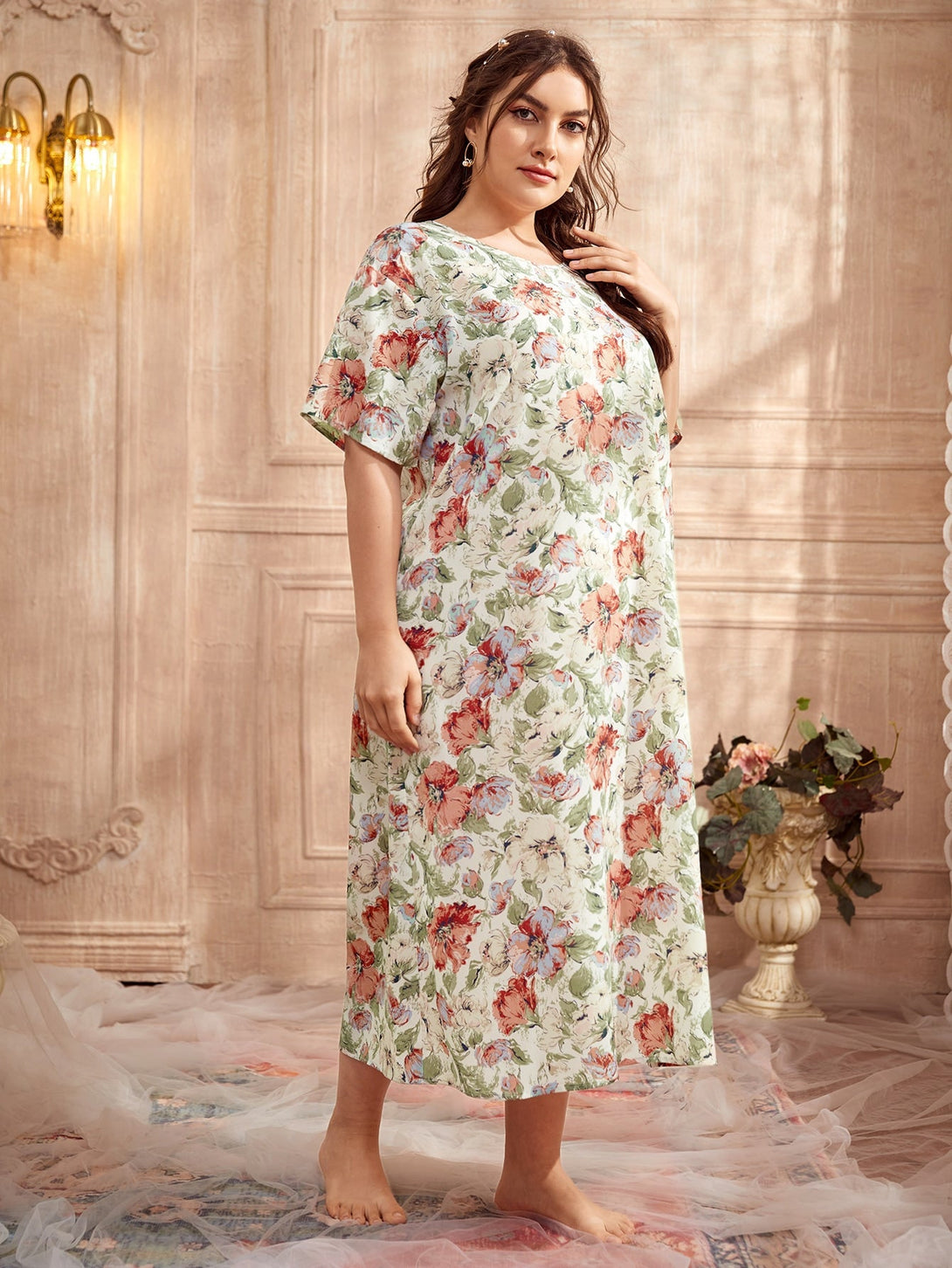 SHEIN Plus Drop Shoulder Floral Print Nightdress - Negative Apparel