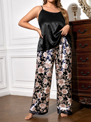 SHEIN Plus Floral Print Satin Cami Top & Pants PJ Set - Negative Apparel