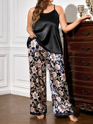 SHEIN Plus Floral Print Satin Cami Top & Pants PJ Set - Negative Apparel