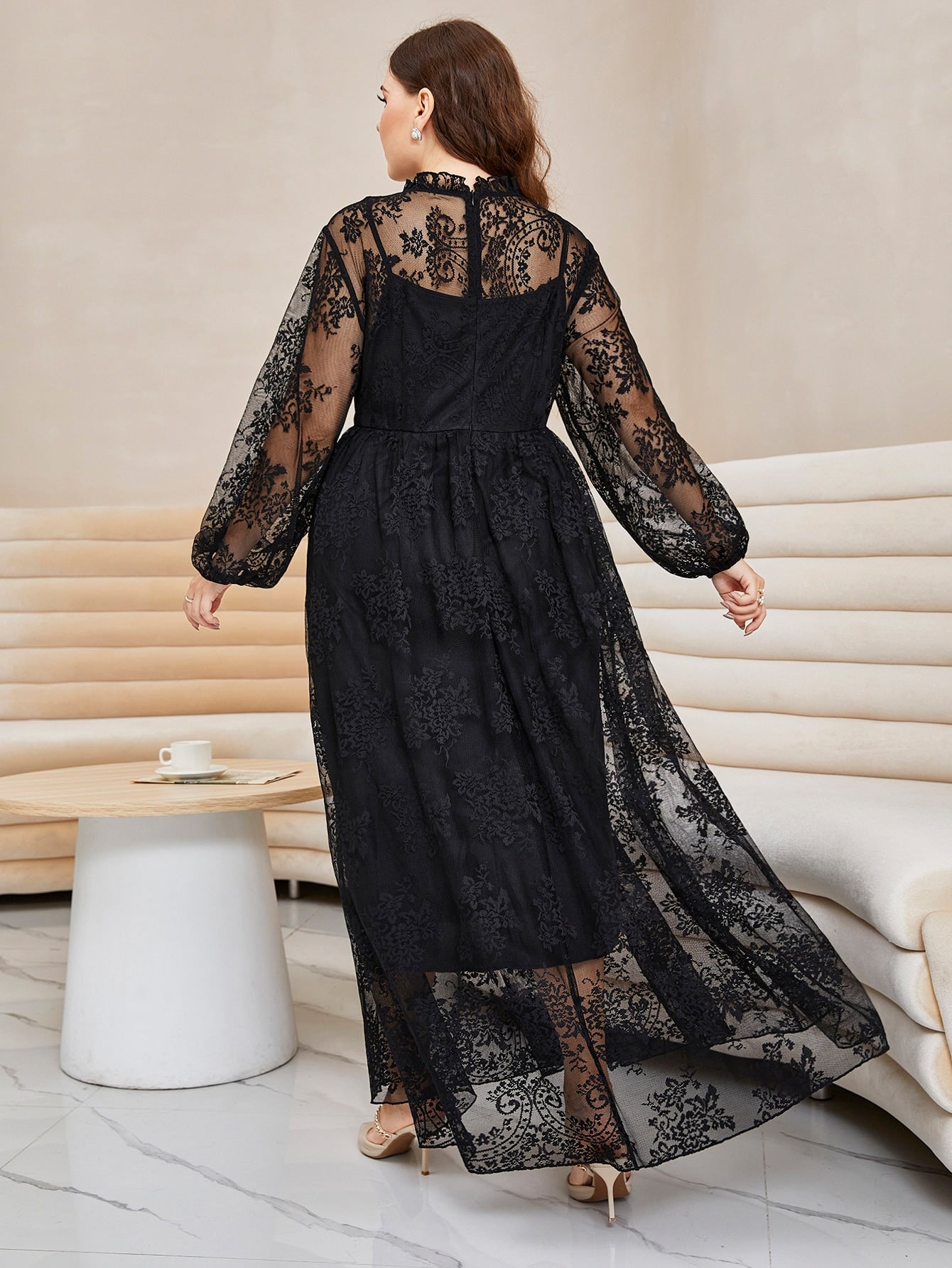 SHEIN Plus Size Black Mock Neck Lace Lantern Sleeve Fitted Top Women Autumn  Solid Elegant Office Lady Womens Tops And Blouses From Maoku, $26.44