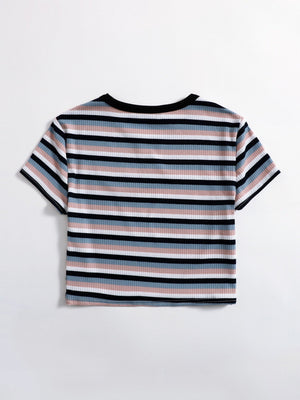 SHEIN Plus Rib-knit Striped Top - Negative Apparel