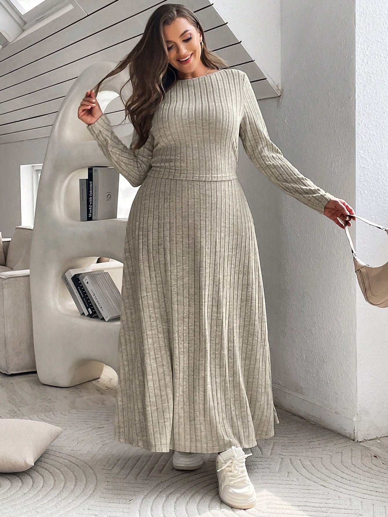 SHEIN Plus Size Women's Ribbed T-shirt And Long Skirt Set - Negative Apparel