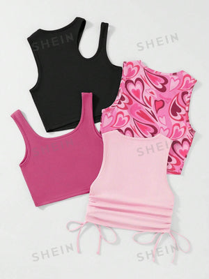 SHEIN Qutie 4pcs Heart Print Drawstring Side Tank Top - Negative Apparel