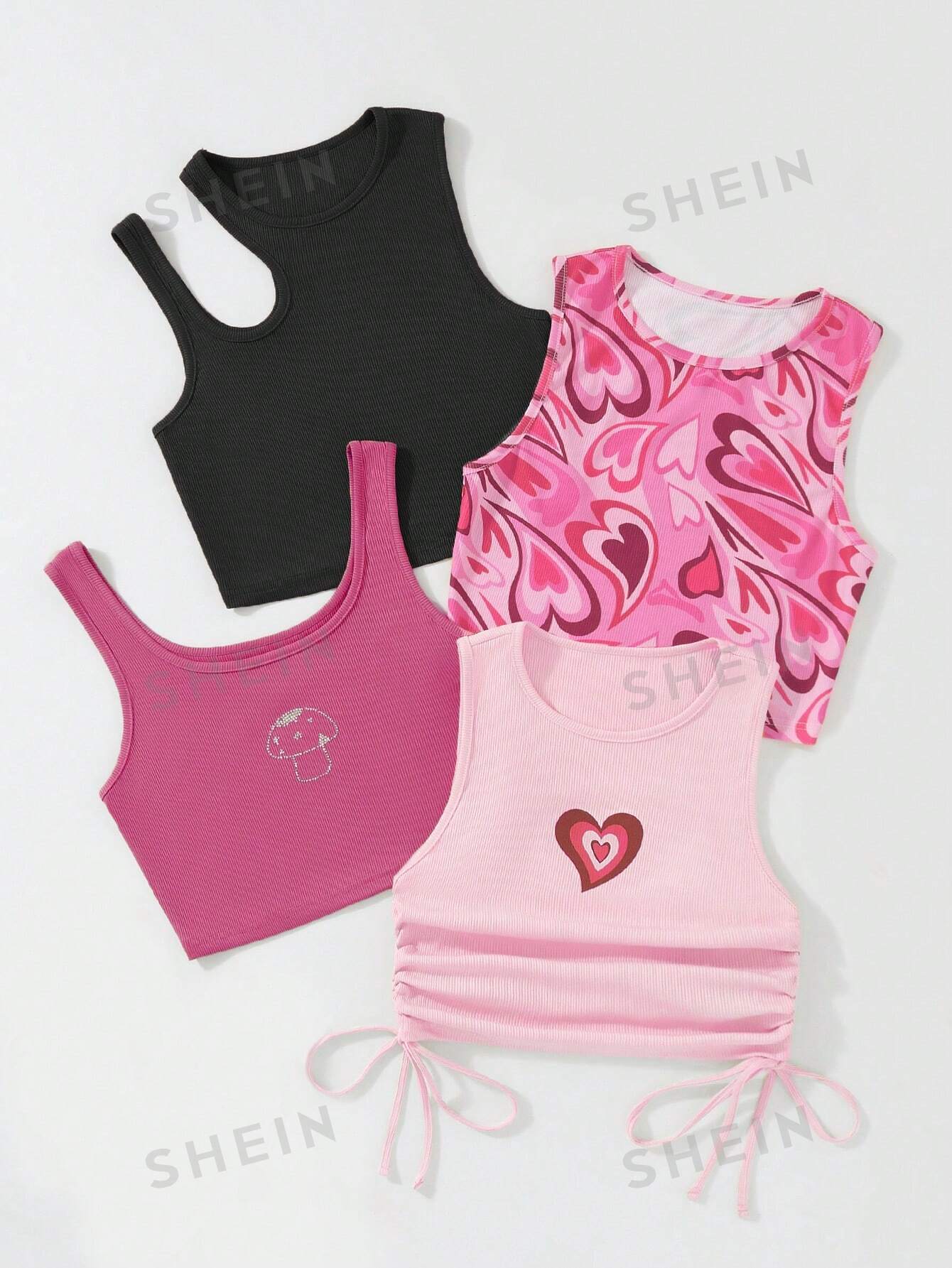 SHEIN Qutie 4pcs Heart Print Drawstring Side Tank Top