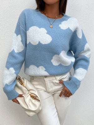 SHEIN Qutie Cloud Pattern Drop Shoulder Sweater - Negative Apparel