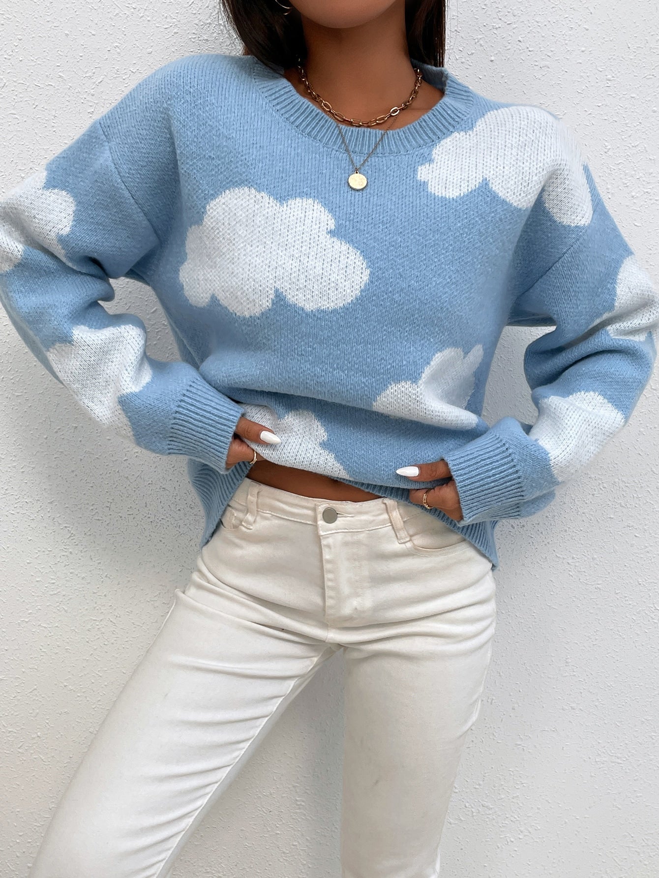 SHEIN Qutie Cloud Pattern Drop Shoulder Sweater - Negative Apparel