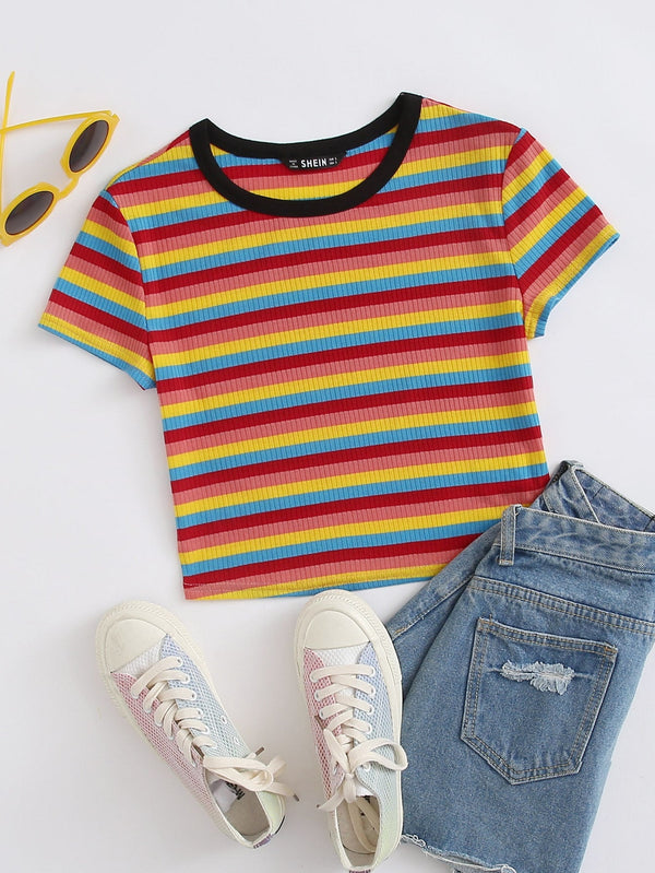 SHEIN Qutie Plus Rib-knit Rainbow Striped Top - Negative Apparel